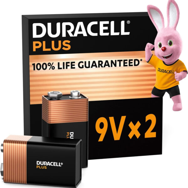 Duracell Plus 9V Batteries (2 Pack) - Alkaline - 100% Life Guaranteed - Reliability For Everyday Devices - 0% Plastic Packaging - 5-Year Storage - 6LR61 MN1604