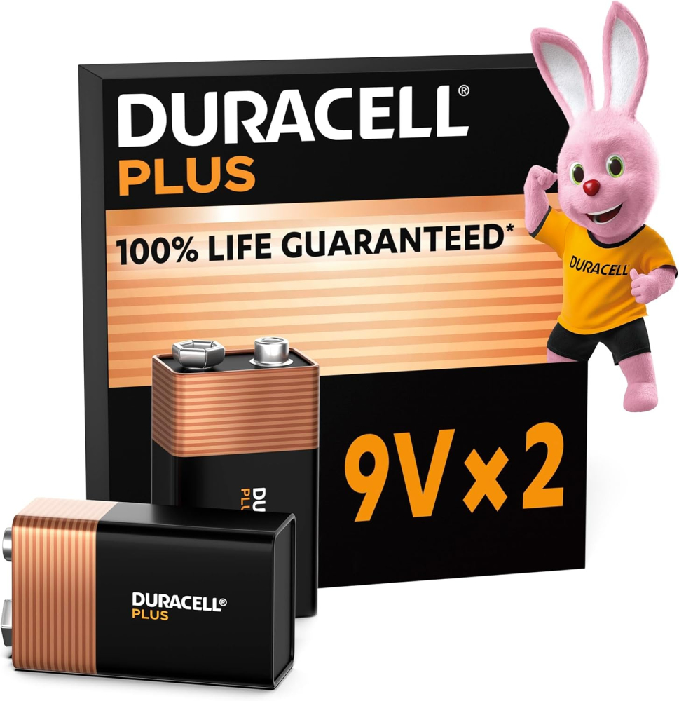 Duracell Plus 9V Batteries (2 Pack) - Alkaline - 100% Life Guaranteed - Reliability For Everyday Devices - 0% Plastic Packaging - 5-Year Storage - 6LR61 MN1604