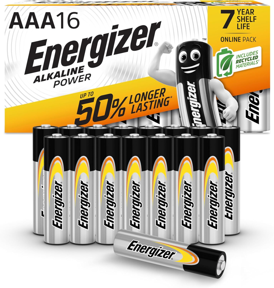 Energizer Alkaline Power - AAA Batteries (16 Pack) - Triple A Battery 1.5V - Up To 50% Longer Lasting - For Everyday Devices - 100% Recyclable Packaging - 7 Year Shelf-Life [Think Assemble Exclusive]