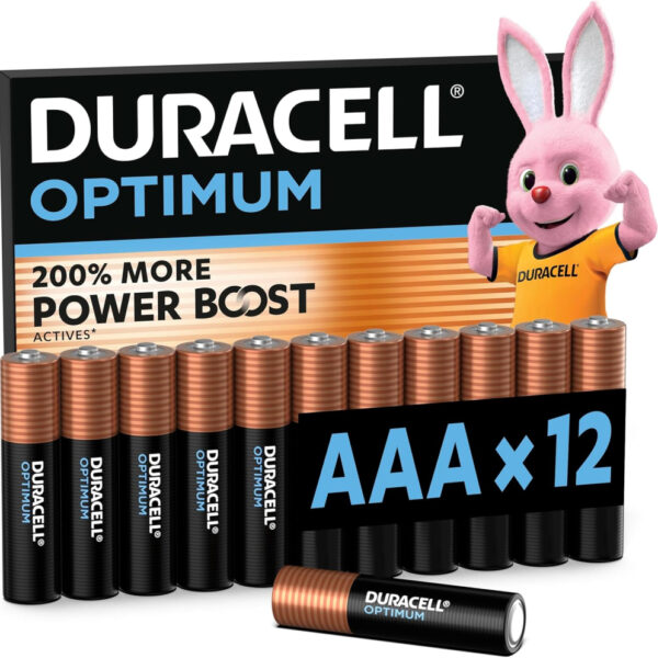 DURACELL Optimum AAA Batteries (12 Pack) – Alkaline Batteries 1.5V – 200% More Power Boost Actives – Meets Demands Of Modern Devices – 100% Recyclable, 0% Plastic Packaging – MX1500
