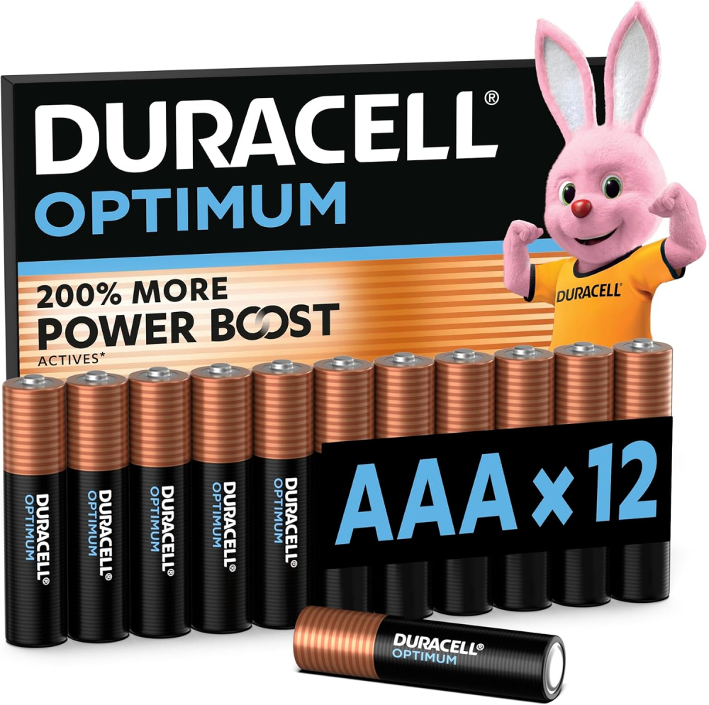 DURACELL Optimum AAA Batteries (12 Pack) – Alkaline Batteries 1.5V – 200% More Power Boost Actives – Meets Demands Of Modern Devices – 100% Recyclable, 0% Plastic Packaging – MX1500