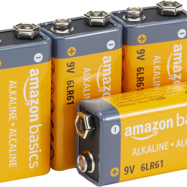 Amazon Basics 4-Pack 9V Alkaline Batteries, 9V/6LR61, 5-Year Shelf Life - for Smoke/CO Detector, Electronics & Audio