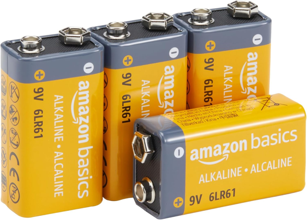 Amazon Basics 4-Pack 9V Alkaline Batteries, 9V/6LR61, 5-Year Shelf Life - for Smoke/CO Detector, Electronics & Audio