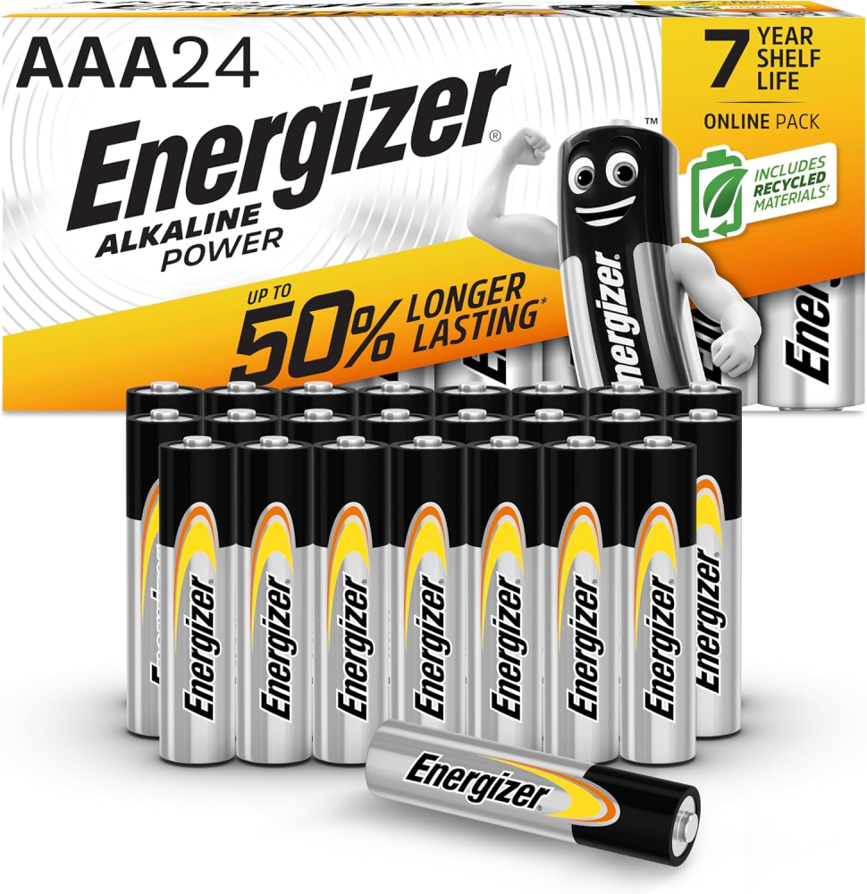 Energizer Alkaline Power - AAA Batteries (24 Pack) - Triple A Battery 1.5V - Up To 50% Longer Lasting - For Everyday Devices - 100% Recyclable Packaging - 7 Year Shelf-Life [Think Assemble Exclusive]