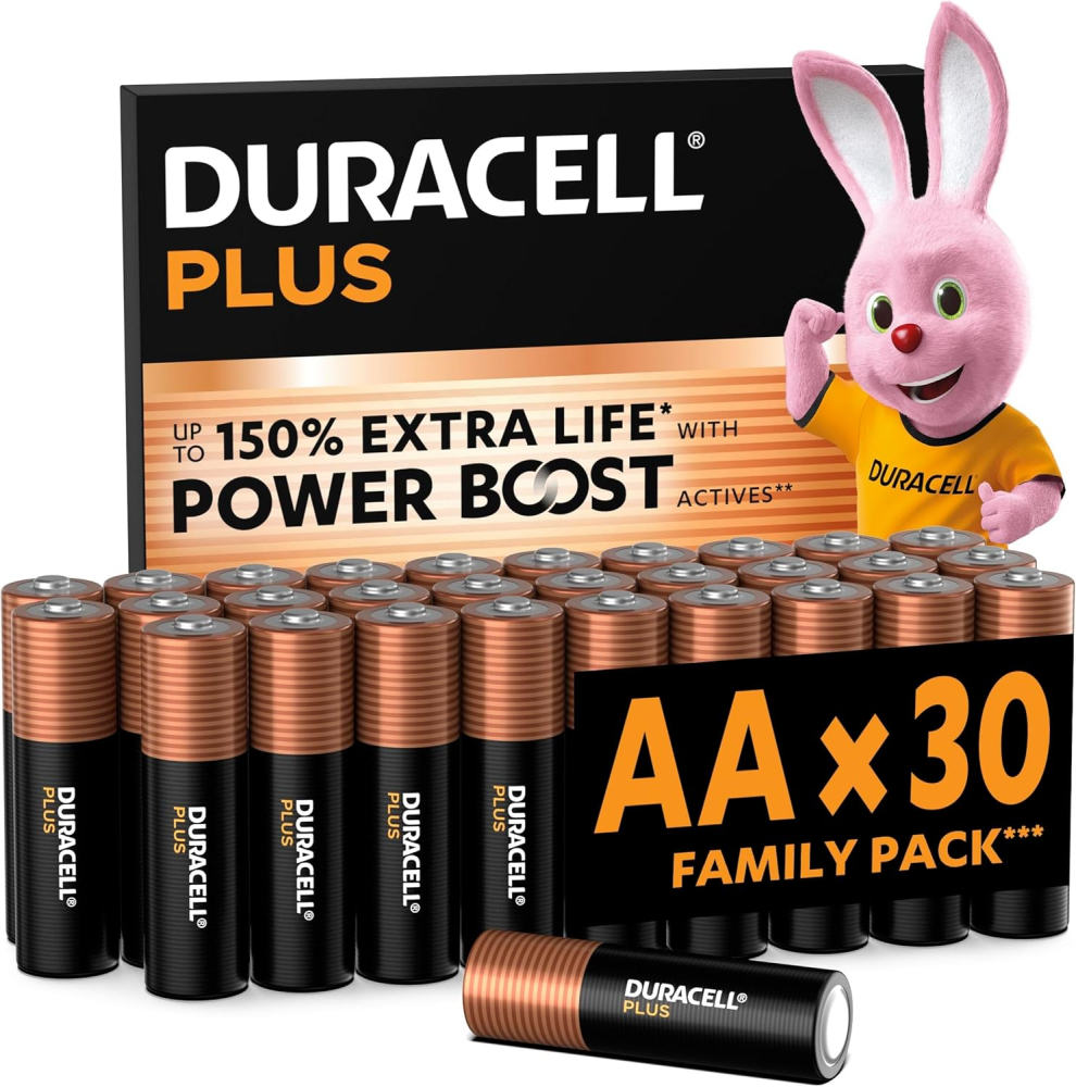 DURACELL Plus AA Batteries (30 Pack) – Alkaline Batteries 1.5V – Up to 150% Extra Life with POWER BOOST Actives– Reliability For Everyday Devices – 0% Plastic Packaging – 10-Year Storage - MN1500