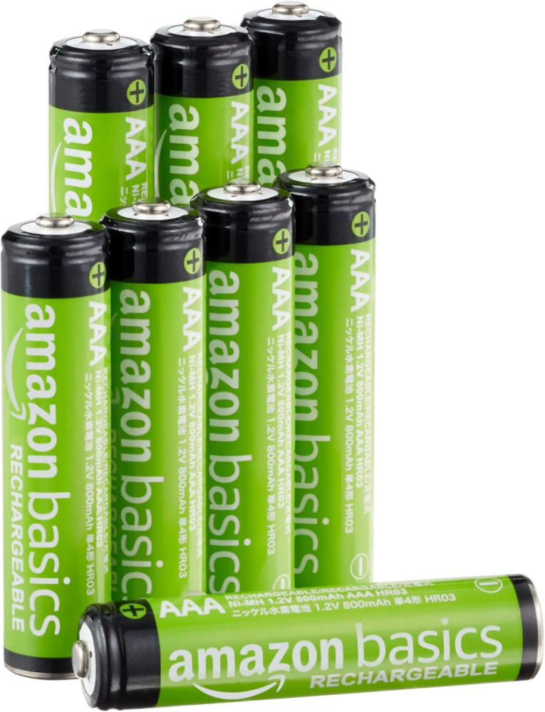 Amazon Basics 8-Pack Rechargeable AAA NiMH Performance Batteries, 800 mAh, 1.2V, Recharge up to 1000x Times, Pre-Charged