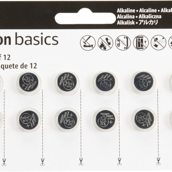 Amazon Basics 12-Pack LR44 Alkaline Button Cell Battery, 1.5 Volt, Long Lasting Power, Mercury-Free