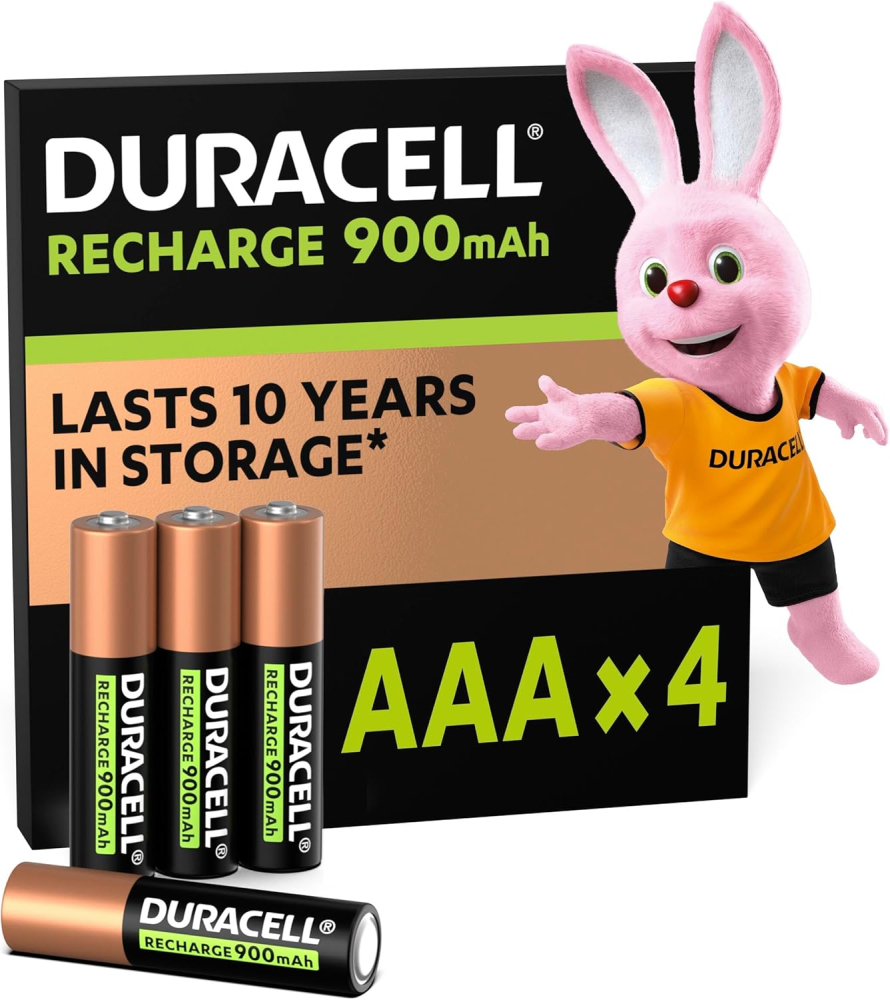 Duracell Rechargeable AAA Batteries (Pack of 4), 900 mAh NiMH, pre-charged, Our No.1 Longest Lasting Rechargeable Battery