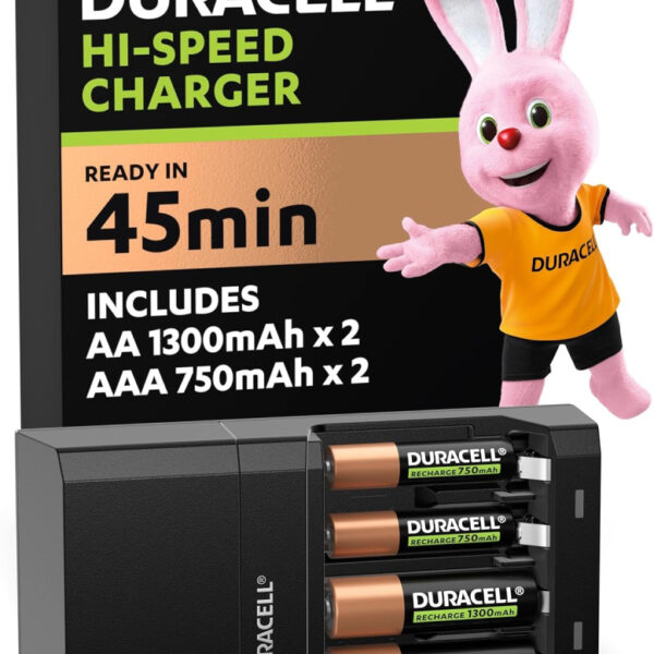 DURACELL Hi-Speed Battery Charger, 45 minutes, Compatible with AA and AAA NiMh Batteries, 2x AA 1300mAh and 2x AAA 750 mAh, Rechargeable Batteries Included