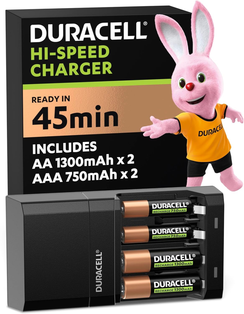 DURACELL Hi-Speed Battery Charger, 45 minutes, Compatible with AA and AAA NiMh Batteries, 2x AA 1300mAh and 2x AAA 750 mAh, Rechargeable Batteries Included