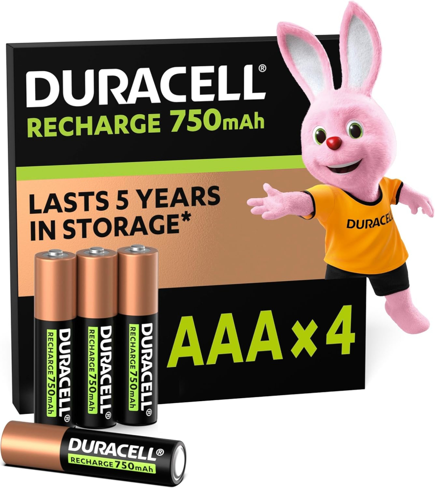 Duracell AAA Rechargeable Batteries (Pack of 4), 750 mAh NiMH, 1000 cycles, pre-charged, Long Lasting Power with a 0% plastic 100% recyclable packaging