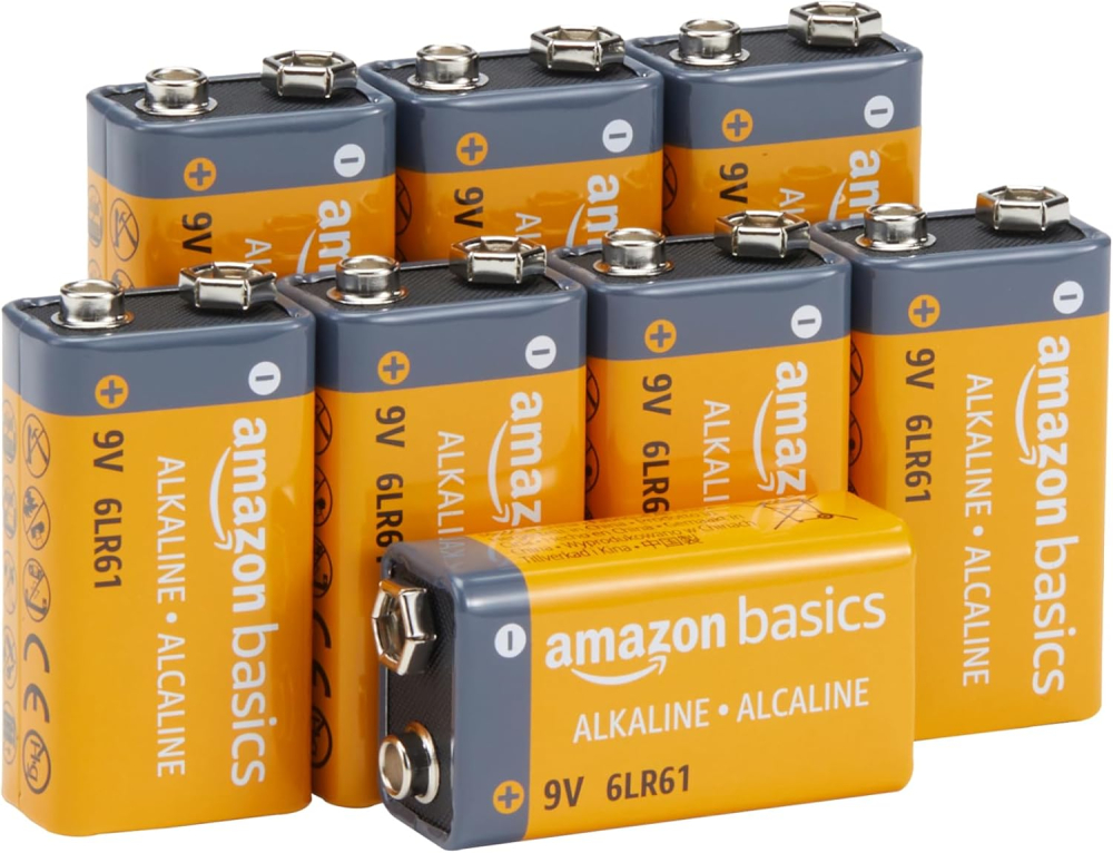 Amazon Basics 8-Pack 9V Alkaline Batteries, 9V/6LR61, 5-Year Shelf Life - for Smoke/CO Detector, Electronics & Audio