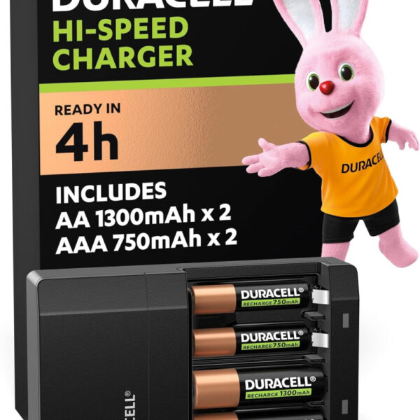 DURACELL Hi-Speed Battery Charger, 4 hours, Compatible with AA and AAA NiMh Batteries, 2x AA 1300mAh and 2x AAA 750 mAh, Rechargeable Batteries Included