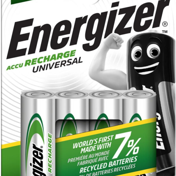Energizer Recharge Universal - Rechargeable AA Batteries (4 Pack) - 1300 mAh NiMH Double A Battery - 100% Recyclable Plastic Free Packaging