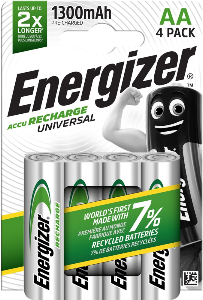 Energizer Recharge Universal - Rechargeable AA Batteries (4 Pack) - 1300 mAh NiMH Double A Battery - 100% Recyclable Plastic Free Packaging