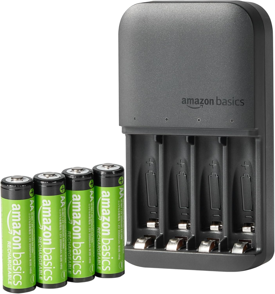 Amazon Basics Rechargeable AA NiMh Batteries with 4 Bay Battery Charger, UK Plug, Black, 4 Count (Pack of 1)