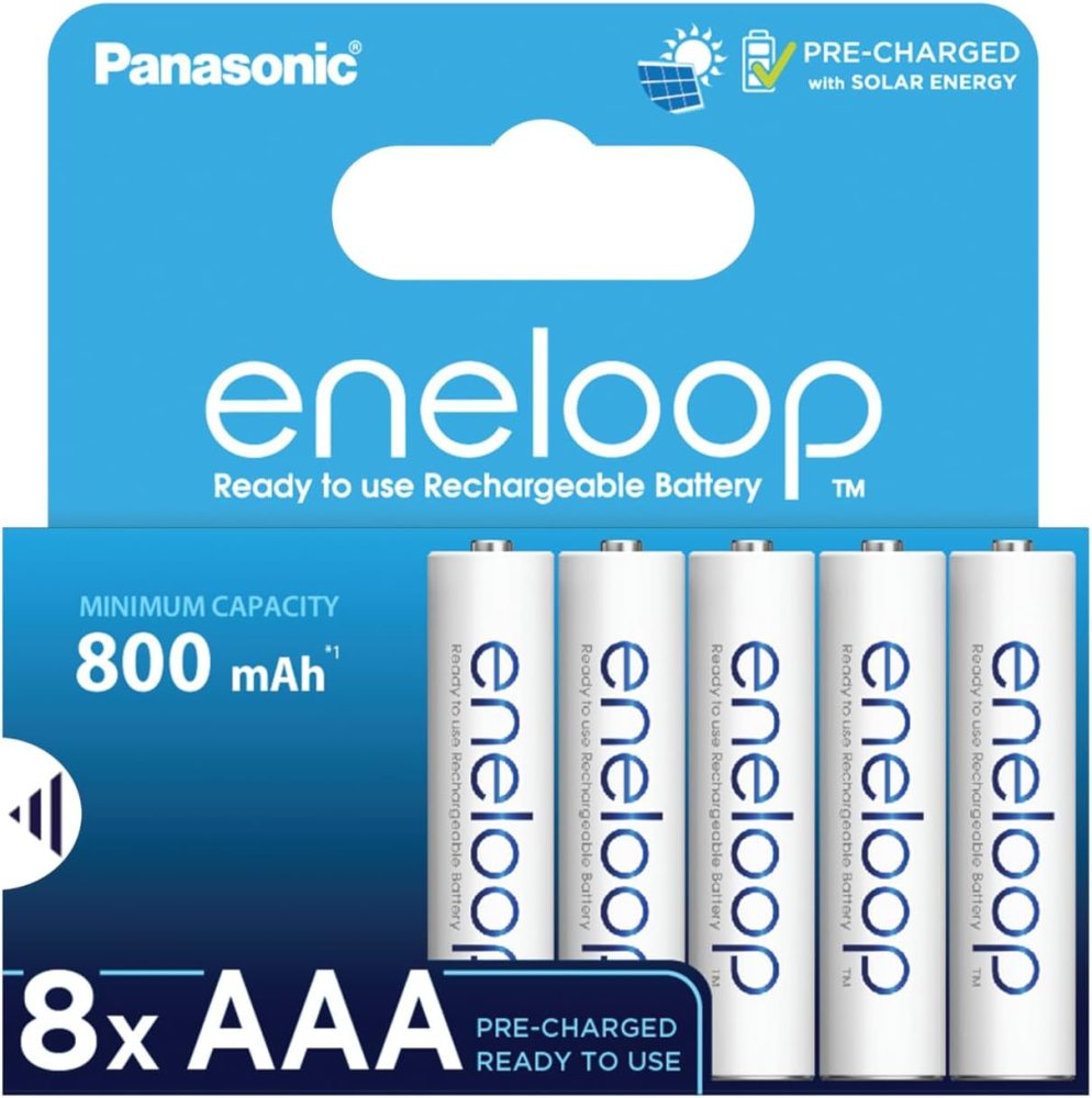 eneloop, AAA/Micro, Rechargeable Battery, Pack of 8, Capacity of 800 mAh, Ready-to-Use Ni-MH Batteries, 2000 Recharge Cycles, Plastic Free Packaging, Standard, White