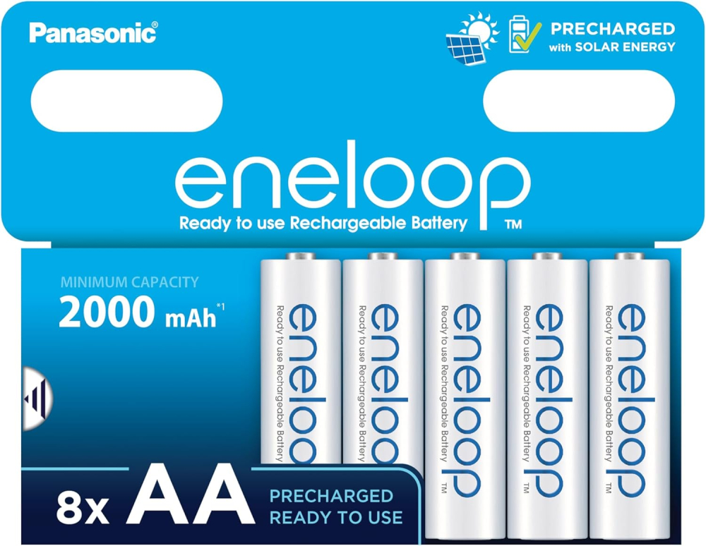 eneloop, AA/Mignon, Rechargeable Battery, Pack of 8, Capacity of 2000 mAh, Ready-to-Use Ni-MH Batteries, 2000 Recharge Cycles, Plastic Free Packaging, Standard, White