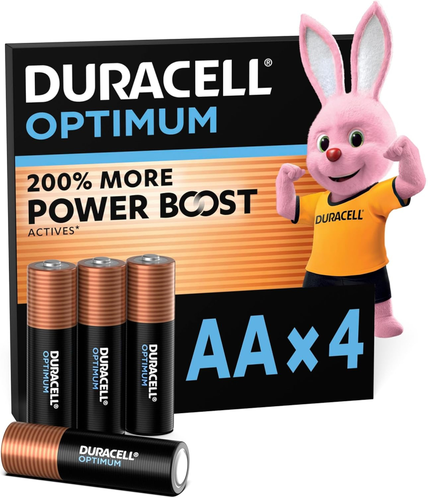 DURACELL Optimum AA Batteries (4 Pack) – Alkaline Batteries 1.5V – 200% More Power Boost Actives – Meets Demands Of Modern Devices – 100% Recyclable, 0% Plastic Packaging – MX1500