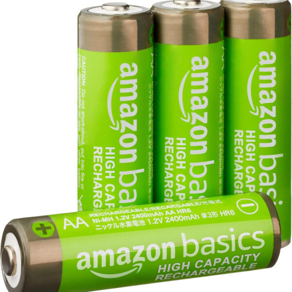 Amazon Basics 4-Pack Rechargeable AA NiMH High-Capacity Batteries, 2400 mAh, 1.2V, Recharge up to 400x Times, Pre-Charged