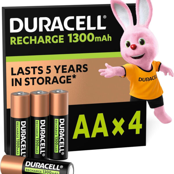 Duracell AA Rechargeable Batteries (Pack of 4), 1300 mAh NiMH, 2000 cycles, pre-charged, Long Lasting Power with a 0% plastic 100% recyclable packaging