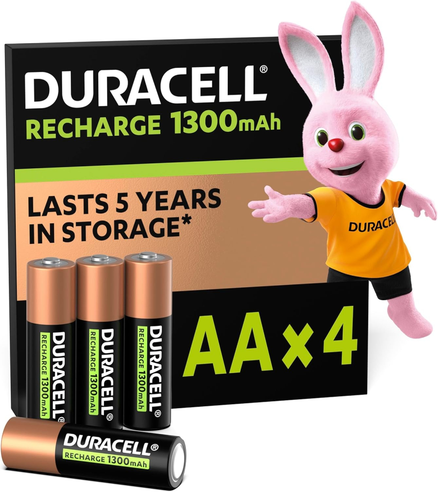 Duracell AA Rechargeable Batteries (Pack of 4), 1300 mAh NiMH, 2000 cycles, pre-charged, Long Lasting Power with a 0% plastic 100% recyclable packaging