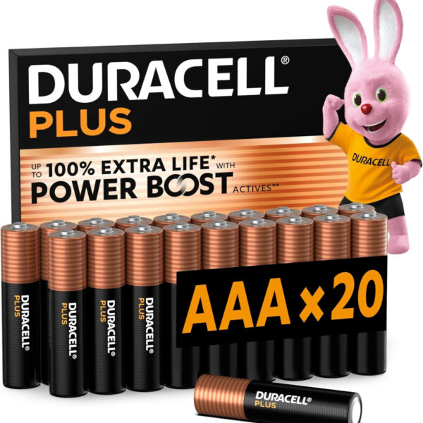 DURACELL Plus AAA Batteries (20 Pack) – Alkaline Batteries 1.5V – Up to 100% Extra Life with POWER BOOST Actives– Reliability For Everyday Devices – 0% Plastic Packaging – 10-Year Storage-MN2400