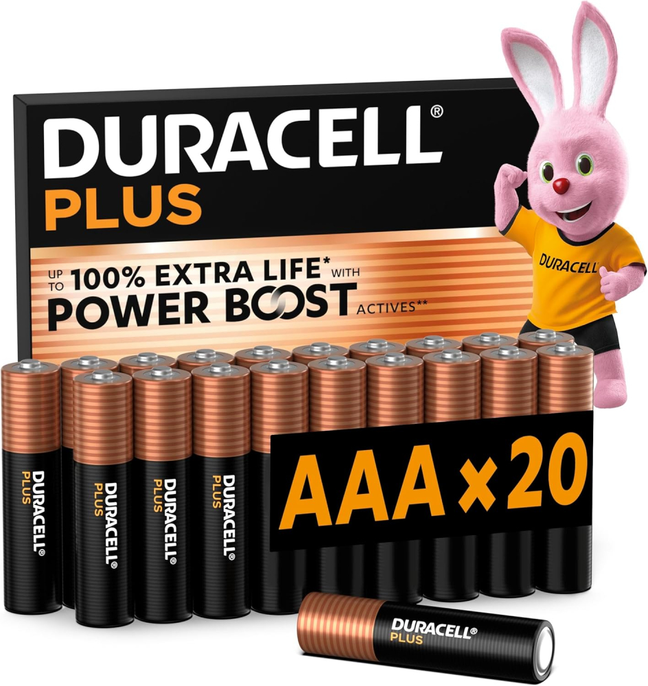 DURACELL Plus AAA Batteries (20 Pack) – Alkaline Batteries 1.5V – Up to 100% Extra Life with POWER BOOST Actives– Reliability For Everyday Devices – 0% Plastic Packaging – 10-Year Storage-MN2400