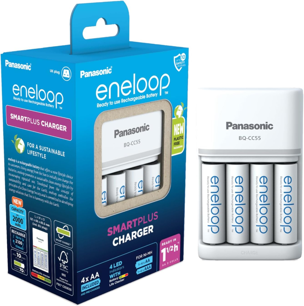 eneloop SmartPlus Charger, for 1-4 AA/AAA Rechargeable Batteries, 1.5h Charging Time, 10 Safety Features, 4 eneloop AA Batteries Included (2000 mAh), UK plug