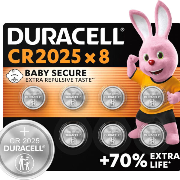 DURACELL 2025 Lithium Coin Batteries 3V (8 Pack) - Up to 70% Extra Life - Baby Secure Technology - For Use in Key Fobs, Fitness Watches and 3D Glasses - Baby Secure Packaging