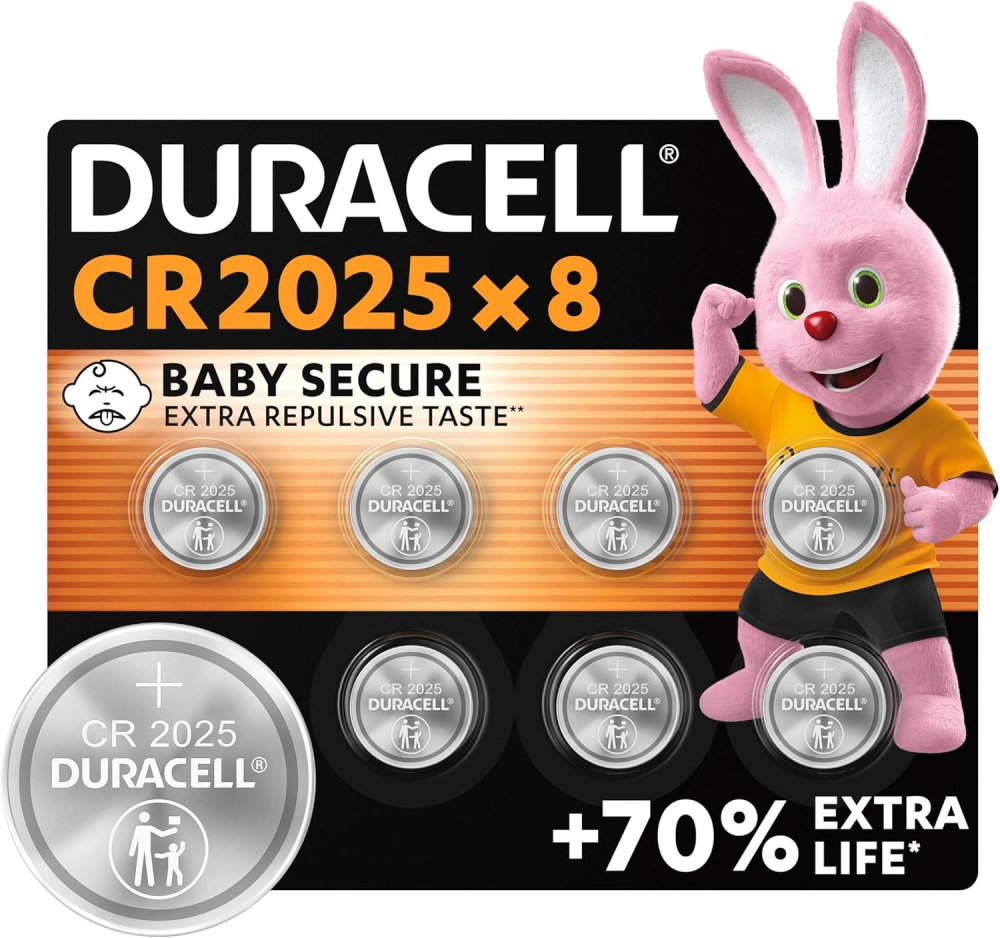 DURACELL 2025 Lithium Coin Batteries 3V (8 Pack) - Up to 70% Extra Life - Baby Secure Technology - For Use in Key Fobs, Fitness Watches and 3D Glasses - Baby Secure Packaging