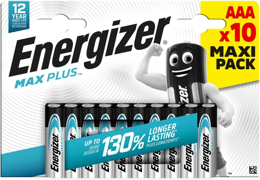 Energizer Max Plus - AAA Batteries (10 Pack) - Triple A Performance Alkaline Battery 1.5V - 130% Longer Lasting - Ideal For High Drain Devices - 100% Recyclable Packaging - 15 Year Shelf Life