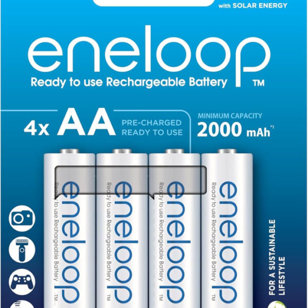 eneloop, AA/Mignon, Rechargeable Battery, Pack of 4, Capacity of 2000 mAh, Ready-to-Use Ni-MH Batteries, 2000 Recharge Cycles, Plastic Free Packaging, Standard, White