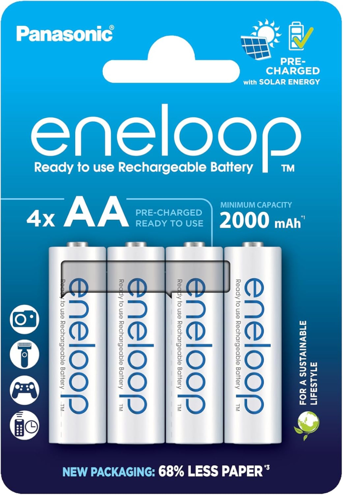 eneloop, AA/Mignon, Rechargeable Battery, Pack of 4, Capacity of 2000 mAh, Ready-to-Use Ni-MH Batteries, 2000 Recharge Cycles, Plastic Free Packaging, Standard, White