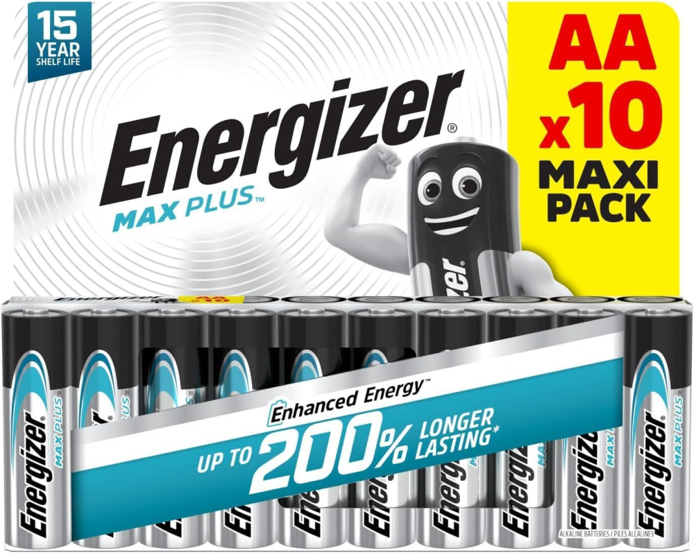 Energizer Max Plus - AA Batteries (10 Pack) - Double A Performance Alkaline Battery 1.5V - 200% Longer Lasting - Ideal For High Drain Devices - 100% Recyclable Packaging - 10 Year Shelf Life