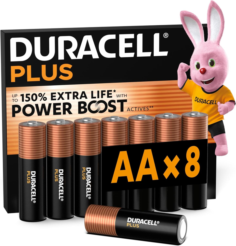 DURACELL Plus AA Batteries (8 Pack) – Alkaline Batteries 1.5V – Up to 150% Extra Life with POWER BOOST Actives– Reliability For Everyday Devices – 0% Plastic Packaging – 10-Year Storage - MN1500