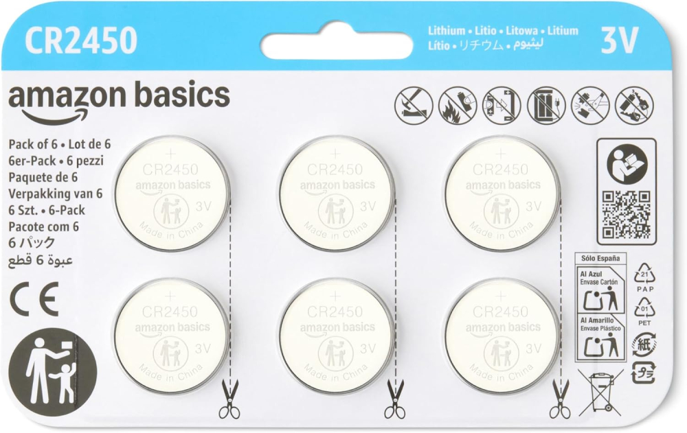 Amazon Basics 6-Pack CR2450 Lithium Coin Cell Battery, 3 V, Long-Lasting Power, Mercury-Free, Child-Safe Package (Use Scissors to Open)