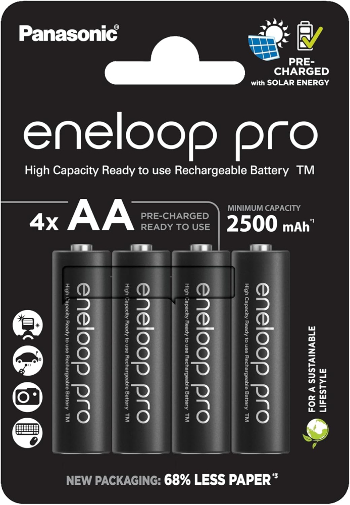 eneloop Pro, AA/Mignon, Rechargeable Battery, Pack of 4, Capacity of 2500 mAh, Ready-to-Use Ni-MH Batteries, 500 Recharge Cycles, Plastic Free Packaging, Pro, Black