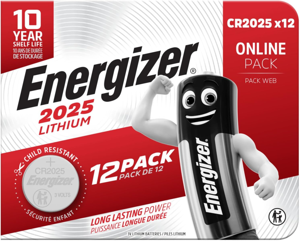 Energizer CR2025 Batteries (12 Pack) - Lithium 3V Coin Battery - Car Key Fobs, Watches, Home/Medical/Fitness Devices - 10 Year Shelf Life - Child Resistant Packaging [Think Assemble Exclusive]
