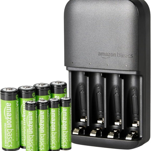 Amazon Basics Rechargeable NiMh AAA 800mAh 8 Pack + AA 2000mAh 8 Pack, with 8 Bay Battery Charger, No AC Power Adapter, USB C Port, 16 count in total, Black