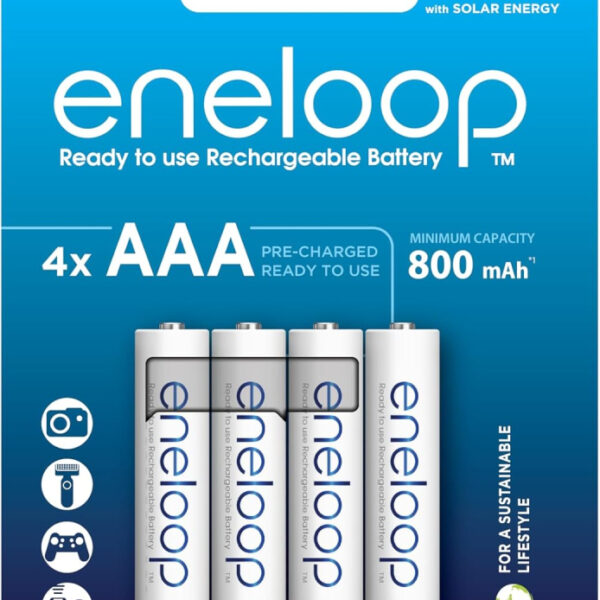 eneloop, AAA/Micro, Rechargeable Battery, Pack of 4, Capacity of 800 mAh, Ready-to-Use Ni-MH Batteries, 2000 Recharge Cycles, Plastic Free Packaging, Standard, White