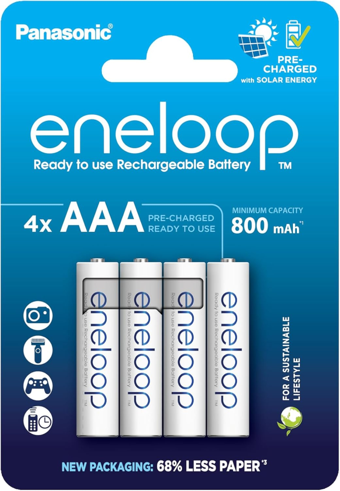 eneloop, AAA/Micro, Rechargeable Battery, Pack of 4, Capacity of 800 mAh, Ready-to-Use Ni-MH Batteries, 2000 Recharge Cycles, Plastic Free Packaging, Standard, White
