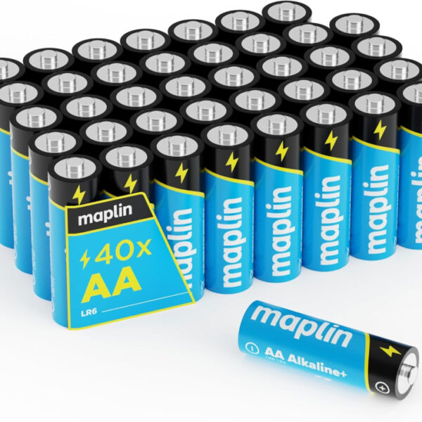 Maplin 40x AA LR6 1.5V Alkaline Batteries High-Performance Leak-Proof Cells, Long Shelf Life, Perfect for Christmas Lights, Decorations, TV remotes & Battery Motorised Toys