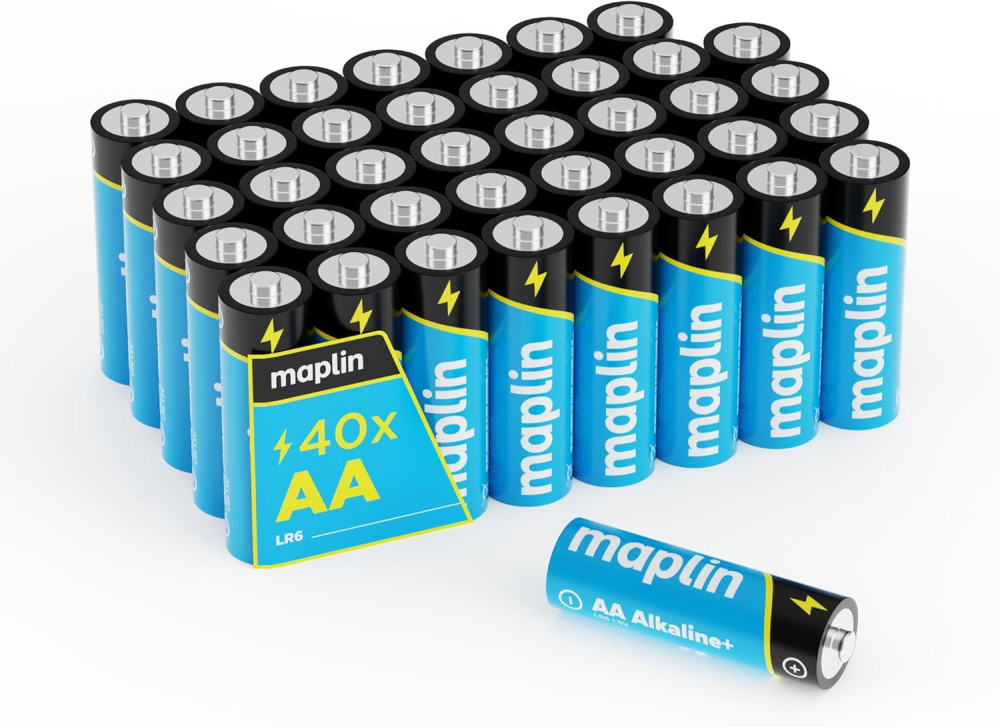 Maplin 40x AA LR6 1.5V Alkaline Batteries High-Performance Leak-Proof Cells, Long Shelf Life, Perfect for Christmas Lights, Decorations, TV remotes & Battery Motorised Toys