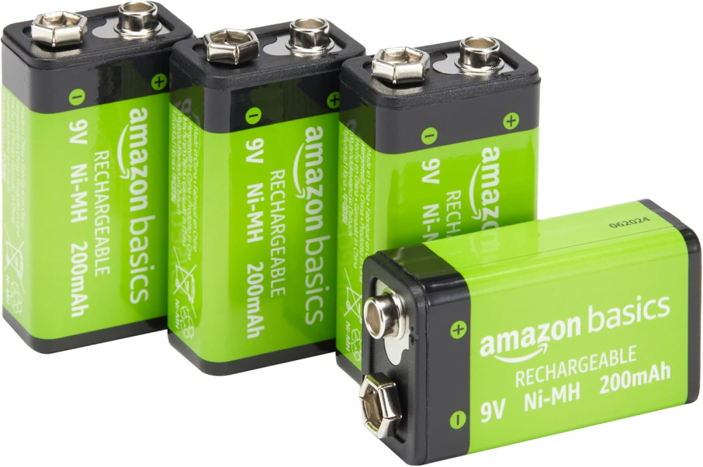 Amazon Basics 4-Pack, Rechargeable 9V NiMH Batteries, 200mAh, Recharge up to 1000x Times , Pre-Charged