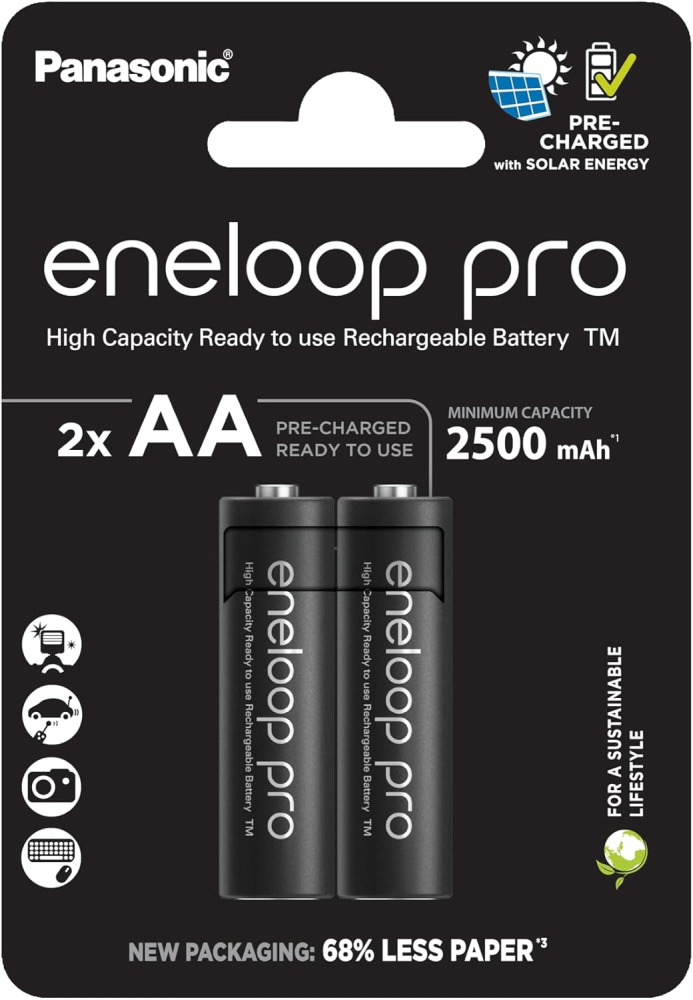 eneloop Pro, AA/Mignon, Rechargeable Battery, Pack of 2, Capacity of 2500 mAh, Ready-to-Use Ni-MH Batteries, 500 Recharge Cycles, Plastic Free Packaging, Pro, Black