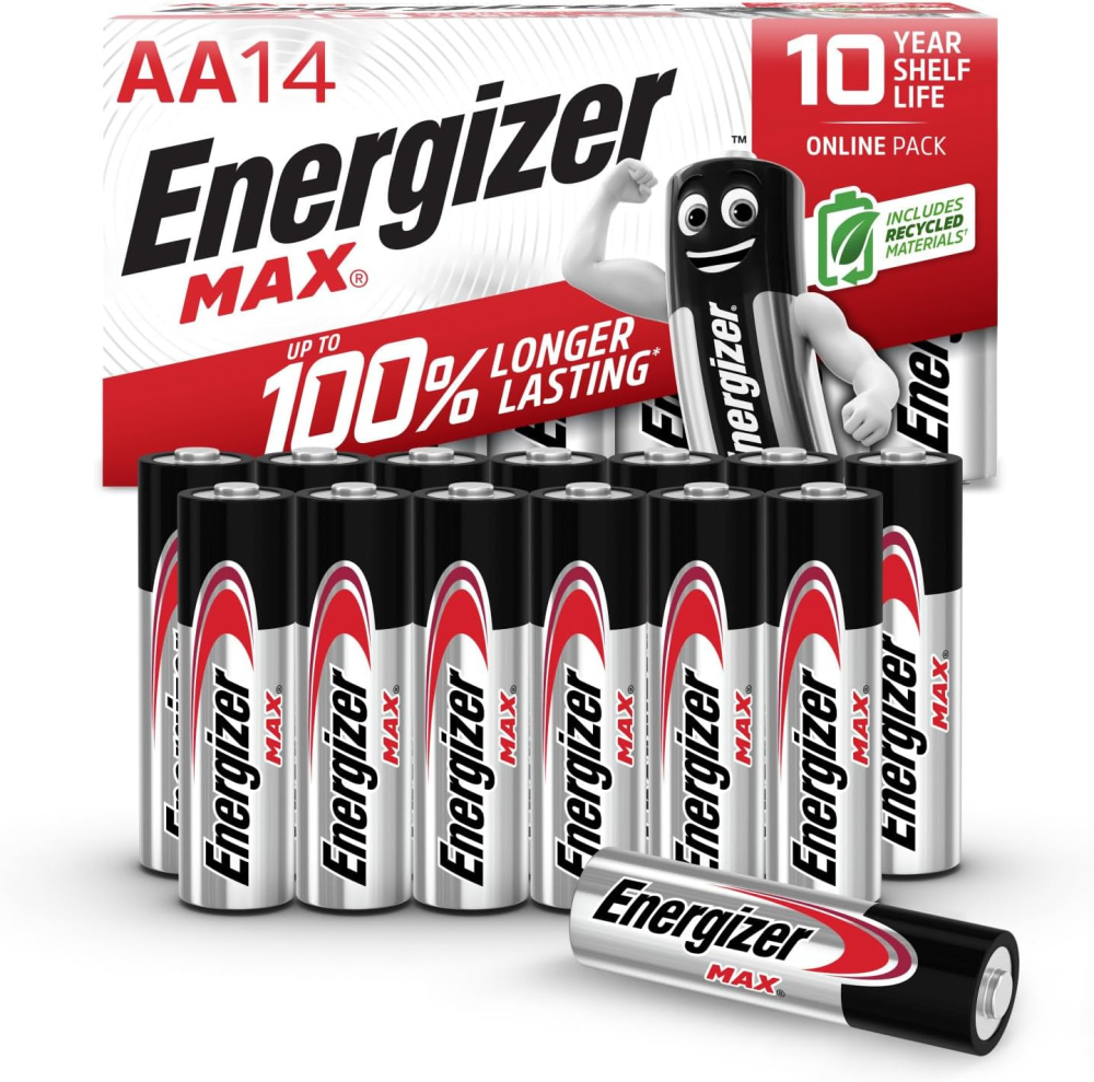 Energizer Max - AA Batteries (14 Pack) - Double A 1.5V Battery - Long Lasting Alkaline Power for Everyday Devices - 100% Recyclable Plastic Free Packaging - 10 Year Shelf Life [Think Assemble Exclusive]