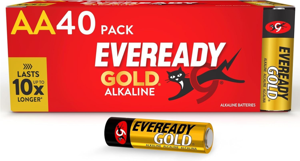 Eveready Gold by Energizer - AA Battery (40 Pack) - Bulk Double A Batteries - 1.5V Alkaline - Reliable Power For Every Day Devices - 100% Recyclable Plastic Free Packaging - 10 Year Shelf Life