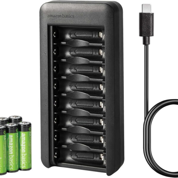 Amazon Basics Rechargeable AA NiMh Batteries with 8-Bay Battery Charger, USB-C Port, No AC Power Adapter, 8 Count (Pack of 1)