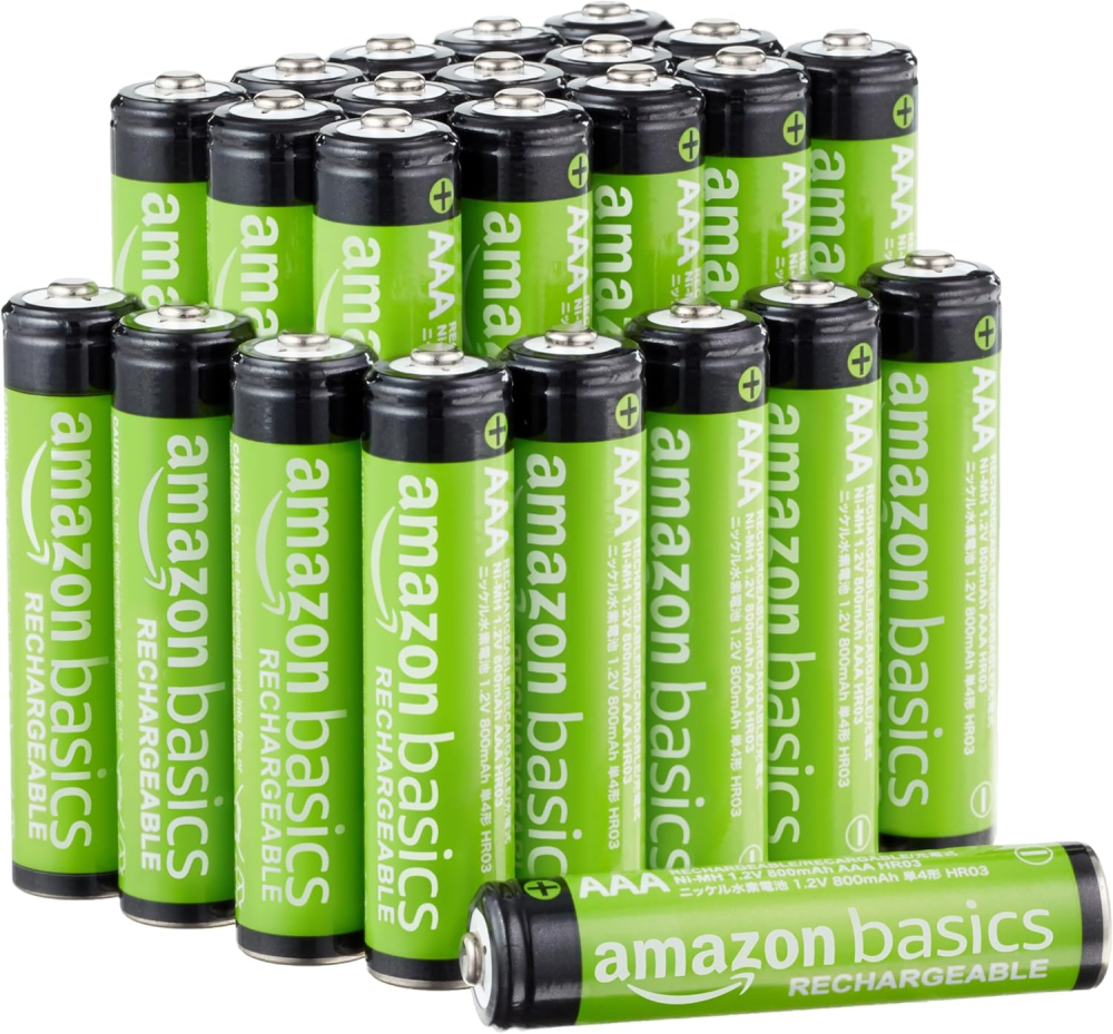 Amazon Basics 24-Pack Rechargeable AAA NiMH Performance Batteries, 800 mAh, 1.2V, Recharge up to 1000x Times, Pre-Charged